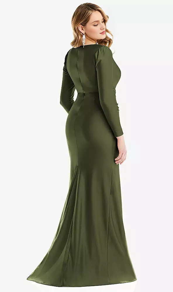 Long sleeved drape wrapped  satin fishtail Prom dress